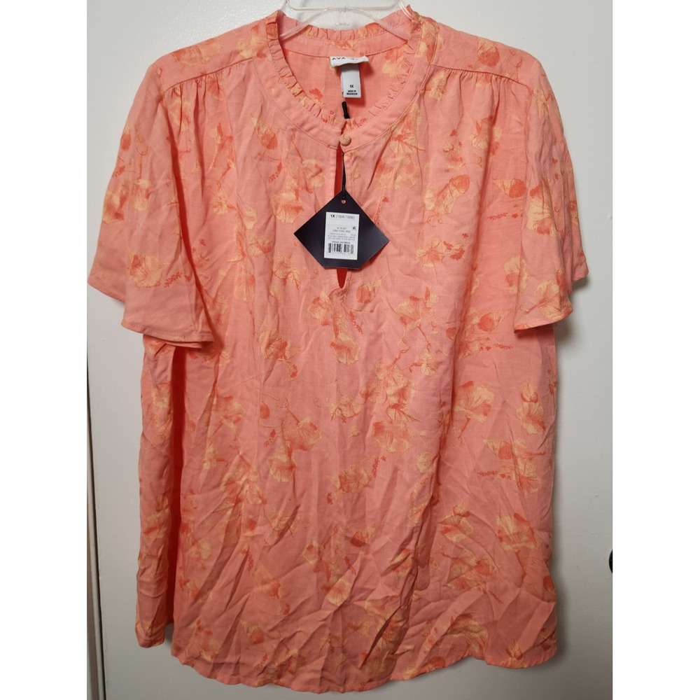 Ava & Viv Flutter Sleeve Key Hole Peach Floral Lightweight Top NWT Size 1X Beach